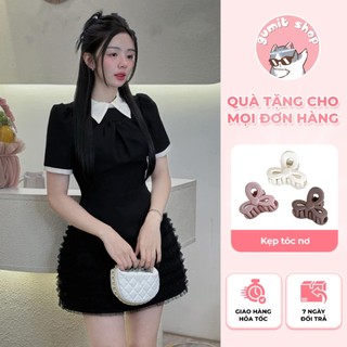 Đầm sơ mi váy ngắn phối ren đầm form chữ A chiết eo phong cách thời trang thanh lịch