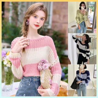  Áo len nữ Montoghi dệt kim mỏng SỢI THƯA PHỐI SỌC trẻ trung cá tính - L2M