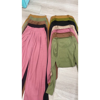 Bộ bigsize Ủ kem cổ U áo dáng ngắn quần suông xếp ly [Bigsize]