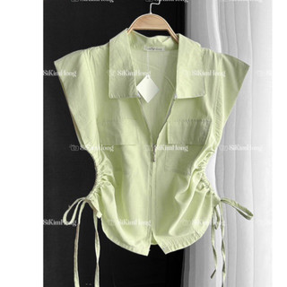 Áo sơ mi tay hến khoá kéo,dây rút eo sọc màu xinh, dáng croptop Top