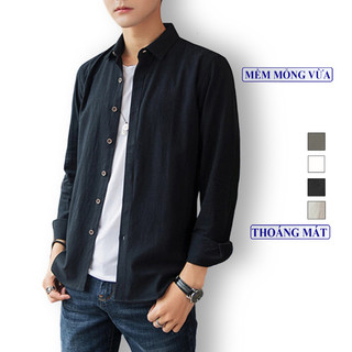 Áo Sơ Mi Nam Vải Thô Cotton Dài Tay Kiểu Dáng Cơ Bản Trẻ Trung, Áo Nam Cổ Đứng Dài Tay Vicenzo Mỏng Vừa Thoáng Mát