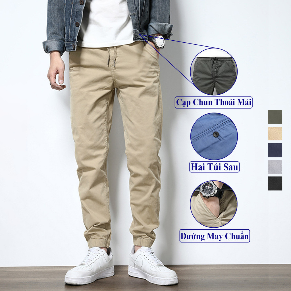Quần Jogger Kaki Nam Cao Cấp Vicenzo Vải Kaki Cotton Cạp Chun Bo Gấu, Quần Kaki Jogger Nam