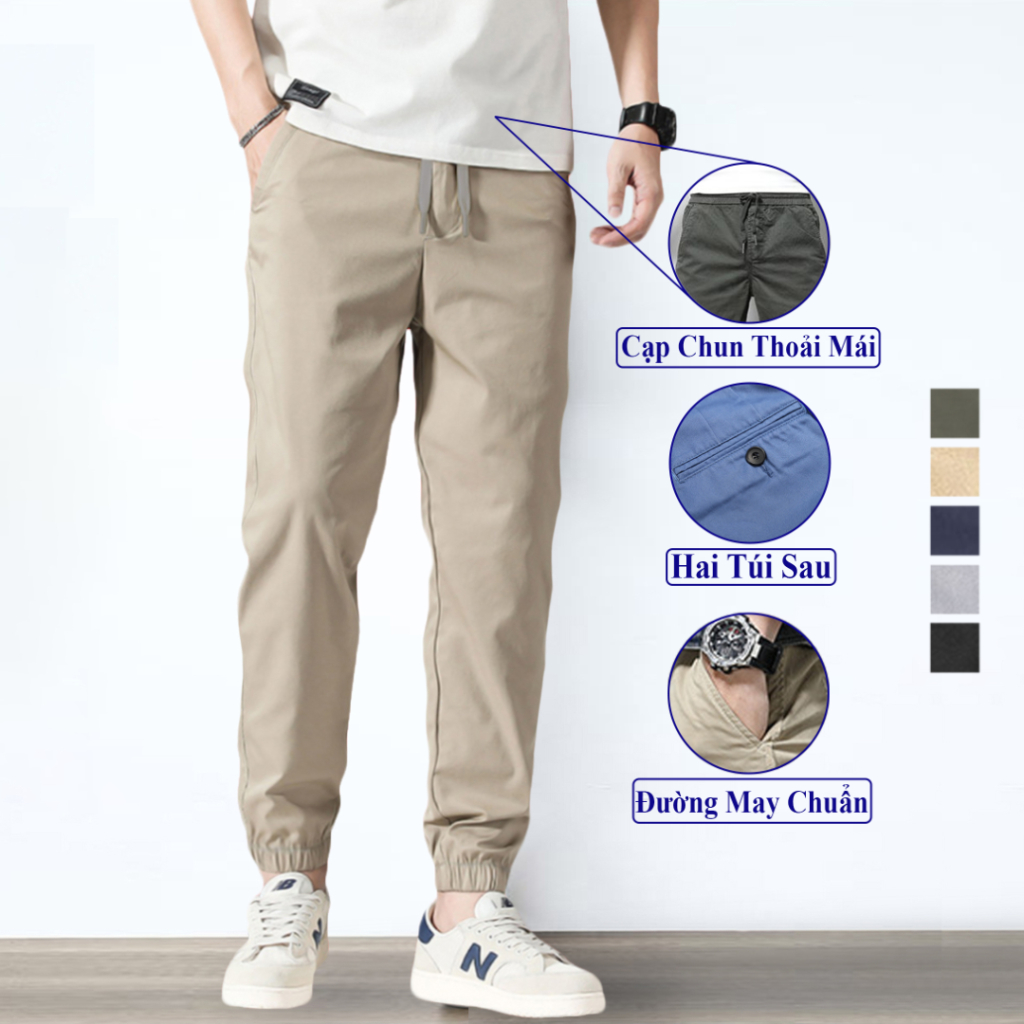 Quần Dài Kaki Jogger Nam Cao Cấp VICENZO Cạp Chun Bo Gấu Vải Cotton, Jogger Kaki Nam