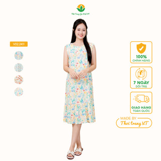  Đầm váy lanh nữ sát nách dáng xuông họa tiết thời trang Việt Thắng - V02.2411