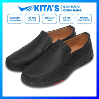 Giày mọi nam kitas - da bò thật - đế cao su - may đế - bảo hành 1 năm - 097-7413