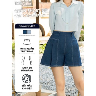 Quần short nữ tawear xếp ly phom chữ a cạp cao tôn dáng s24wqs420