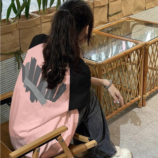 FOCUS local brand fashion áo phông raglan nữ hồng đen in Mùa hè áo thun nữ form rộng cổ tròn tay ngắn 100%cotton