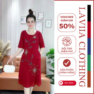 Đầm Trung Niên Cho Mẹ Laviia Chất Liệu Vải Voan Hai Lớp Thiết Kế Đính Đá Họa Tiết Sang Trọng_LA6