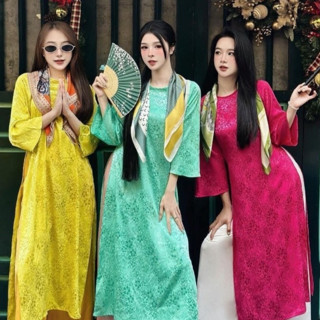 áo dài Cách tân dáng suông chất liệu lụa gấm màu xanh ngọc