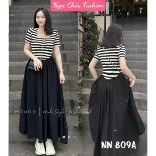 Set áo thun cổ vuông tay ngắn kẻ sọc croptop phối chân váy dài lưng thun form 38-56kg