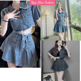 Set váy jean áo sơmi tay ngắn túi nắp lai tua rua phối chân váy xòe 2 túi có quần trong 2 màu xanh, xám form 38-54kg