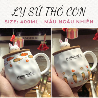 🌸Ly gốm sứ có nắp gỗ thỏ con dễ thương Hello rabbit🌸