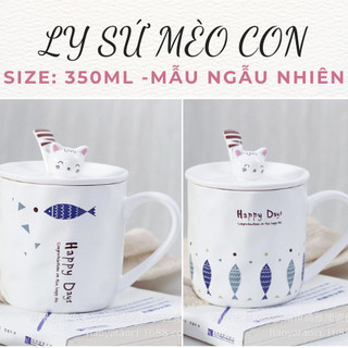 Ly cốc gốm sứ uống nước có quai hình mèo con nắp sứ 350ml
