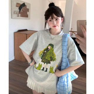 Local brand Focus Fashion áo thun xám tiêu cổ tròn form rộng 2024 áo phông nữ đẹp in Mùa hè tay ngắn 100%cotton