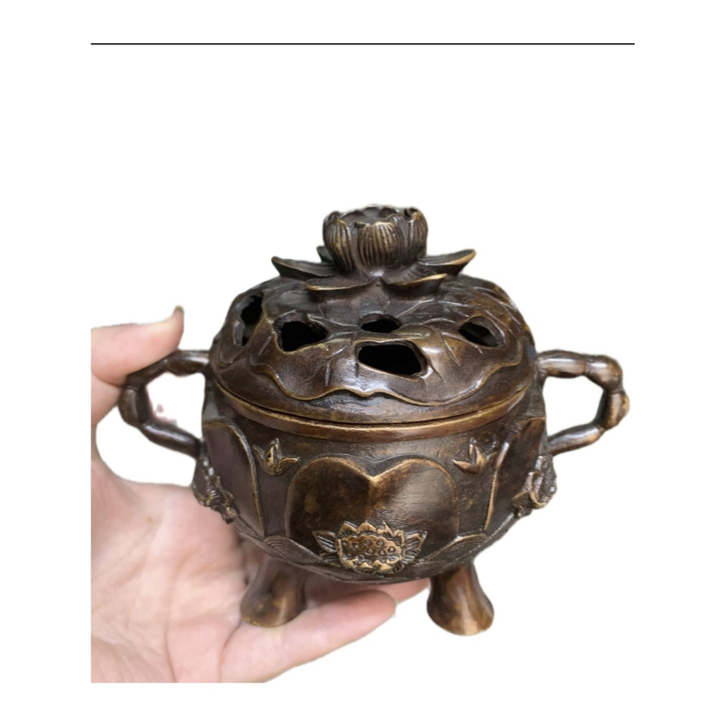 Lư Đốt Trầm Bằng Đồng Hình Hoa Sen Màu Hun Giả Cổ