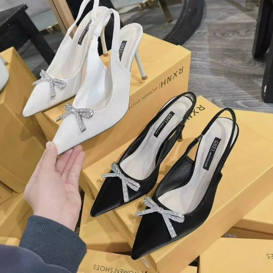 Giày cao gót 9 phân mũi nhọn đính nơ đá chất tuyết nhung, Giày sandal hở gót 9 phân đính nơ nhí sang