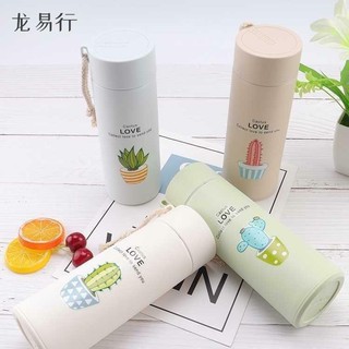BL206 - Bình Giữ Nhiệt In Hình Xương Rồng 450ml Lõi Thủy Tinh Bọc Nhựa Lúa Mạch Có Dây Sách Tiện Dụng - Giadungcamcam