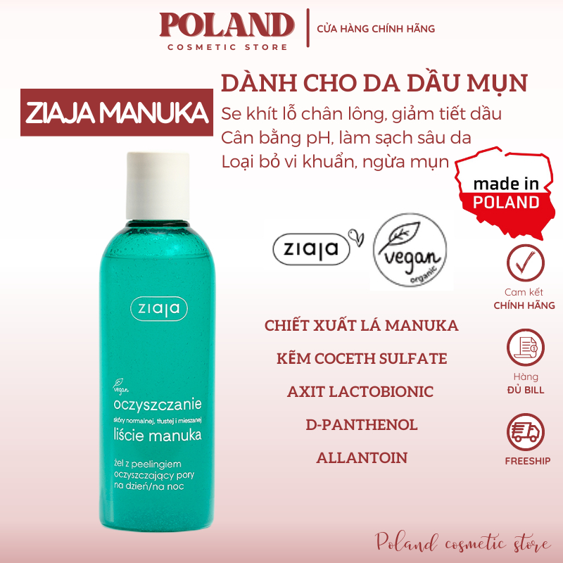 Tẩy da chết Ziaja Manuka 200ml, làm sạch, làm mịn, ngăn ngừa mụn đặc biệt mụn đầu đen
