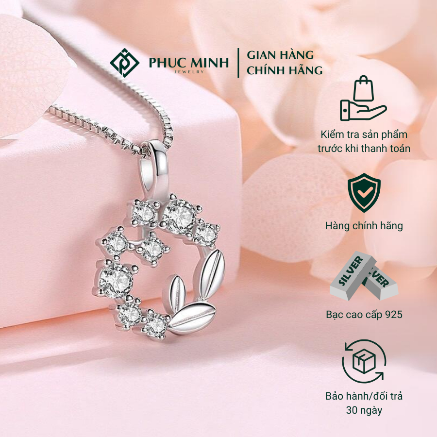 [TẶNG NƯỚC RỬA BẠC] Dây chuyền bạc nữ hoa lá kết vòng đính đá lấp lánh Phuc Minh Jewelry.