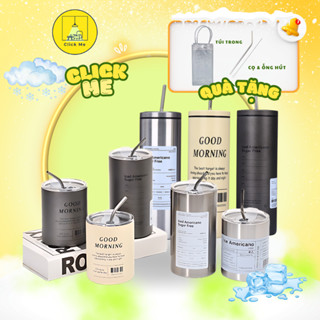   KÈM ỐNG HÚT  Bình nước giữ nhiệt ly giữ nhiệt Iced Americano inox 304 đúc liền khối cao cấp có nắp đậy 