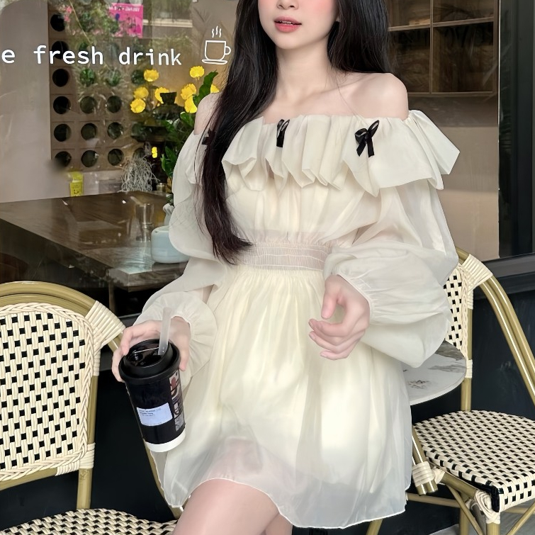 Áo Trễ Vai Tiểu Thư Đính Nơ Đen Dài Tay Chun Eo Bánh Bèo Chất Liệu Tơ Mềm | BigBuy360 - bigbuy360.vn