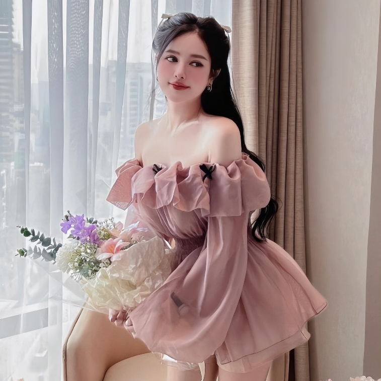 Áo Trễ Vai Tiểu Thư Đính Nơ Đen Dài Tay Chun Eo Bánh Bèo Chất Liệu Tơ Mềm | BigBuy360 - bigbuy360.vn