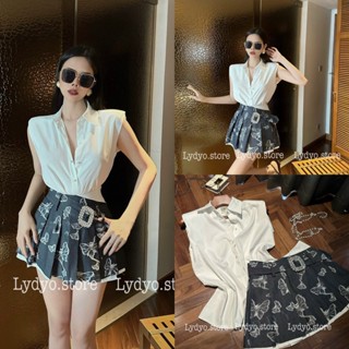 Set váy đầm áo sơ mi lụa cổ đổ chữ V phối chân váy bò jean xếp ly đính mặt đá, hàng cao cấp thiết kế sang chảnh dự tiệc