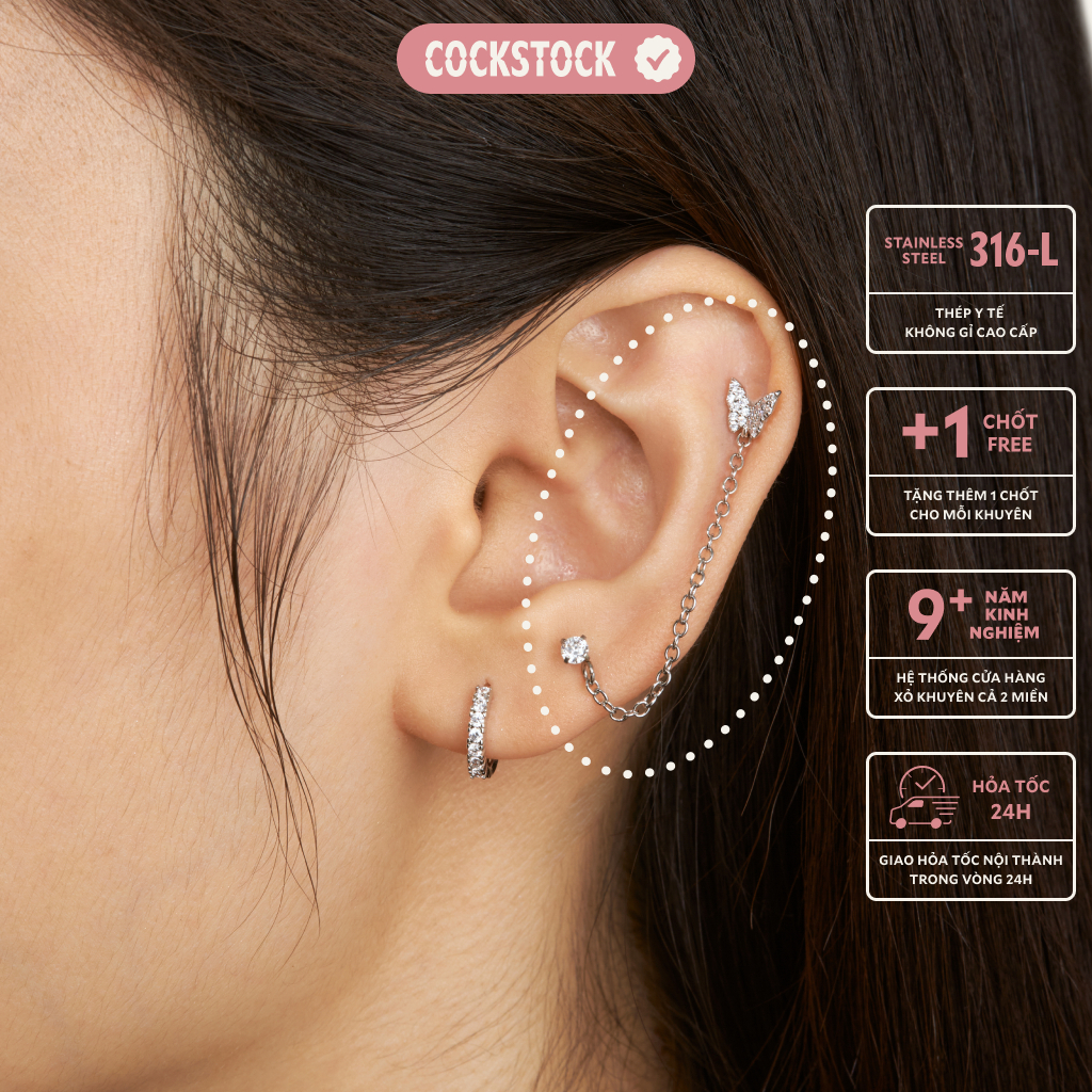 Khuyên tai tròn đá nối xích bướm đá ROUND AND BUTTERFLY DIAMOND EARRING-COCKSTOCK