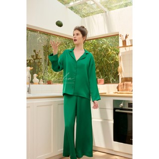 Loélia - set phoebe màu xanh lá pyjama lụa tay dài quần dài
