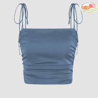 Áo lụa satin croptop cổ vuông dây buộc dư xịn