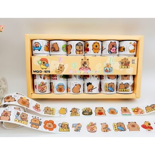 Hộp 24 cuộn hình dán sticker capybara, sticker chuột lang nước, Sticker capybara trang trí đáng yêu