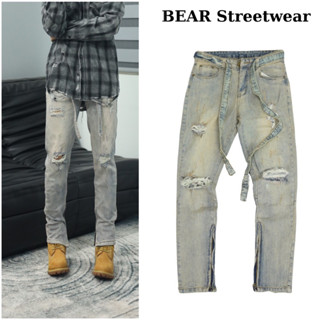 Quần jean nam streetwear thiết kế khóa zip cao câp BEAR(sk050),phom slimfit màu xanh vàng tặng kèm dây đai