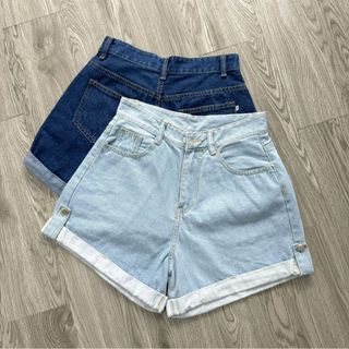 Quần jean đùi Bigsize nữ lật lai dáng chữ A lưng cao không co giãn một khuy ống rộng lật lai - J2 
