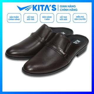  KITAS-120-9614 - Giày Sục Nam - Da Bò Thật - Đế Cao Su - May Đế - Màu Đen Nâu - Size 38 39 40 41 42 43 44 45 46 