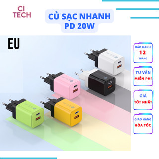 Củ sạc nhanh pd 20w có 1 cổng usb qc3.0 + type c đầu sạc thông minh, sạc nhanh không nóng máy