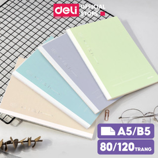Sổ khâu gáy 80/ 120 trang màu pastel Deli - Kẻ ngang size A5/B5 Vở khâu gáy giấy chống lóa 70gsm, vở ghi chép học sinh