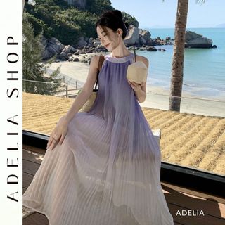 「ADELIA」Đầm Maxi Dáng Dài Đi Biển Cổ Yếm Chất Voan 2 Lớp Loang Màu Tím Trắng Nhẹ Nhàng DH602