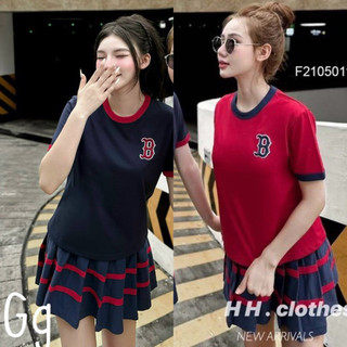 Set bộ áo thun thụng tay ngắn viền sọc xanh đỏ in chữ b + chân váy xếp ly xanh đỏ