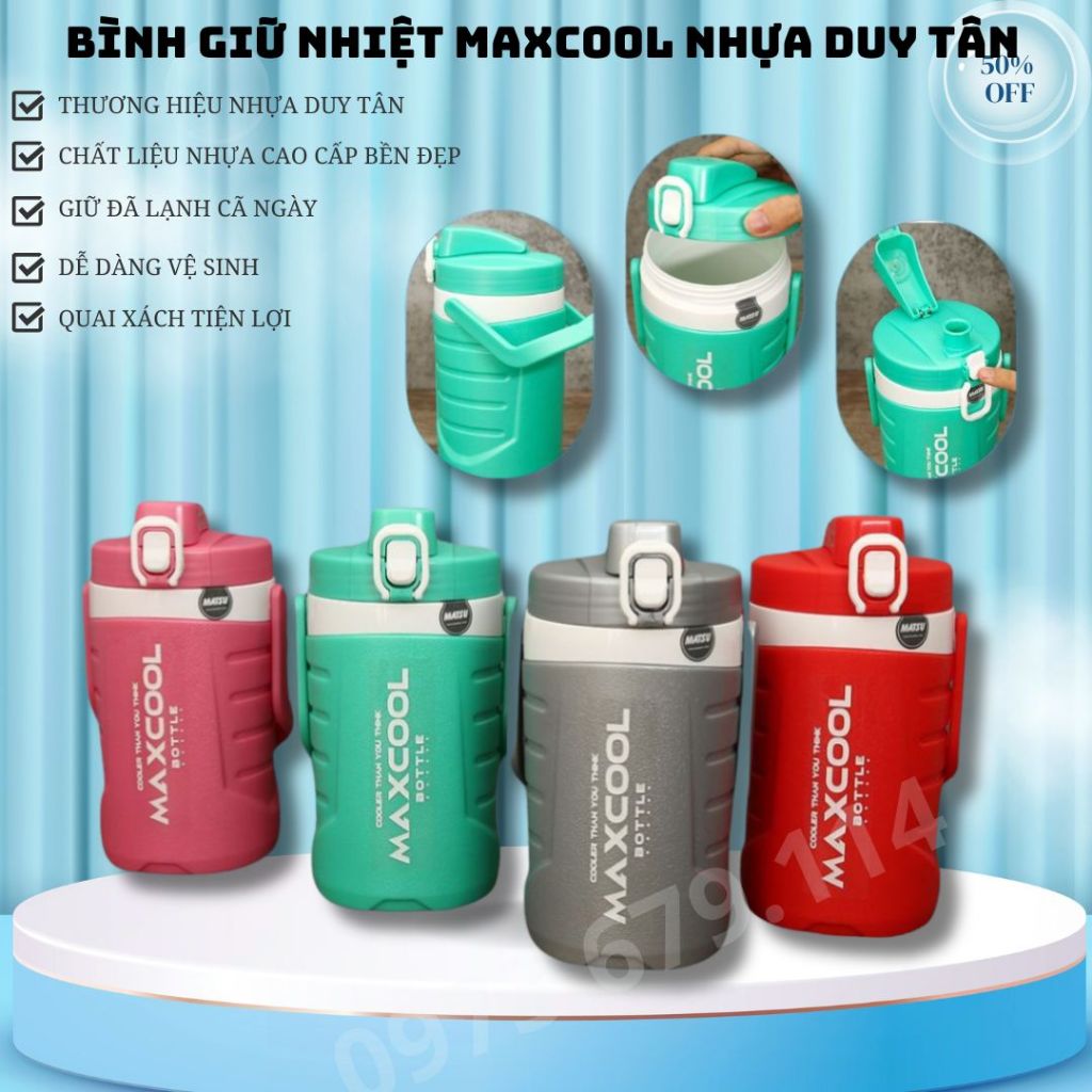 Bình giữ nhiệt nhựa DUY TÂN Maxcool 1.5 lít_Chất liệu nhựa bình chắc chắn tiện treo móc_Bình giữ lạnh đến 24 giờ