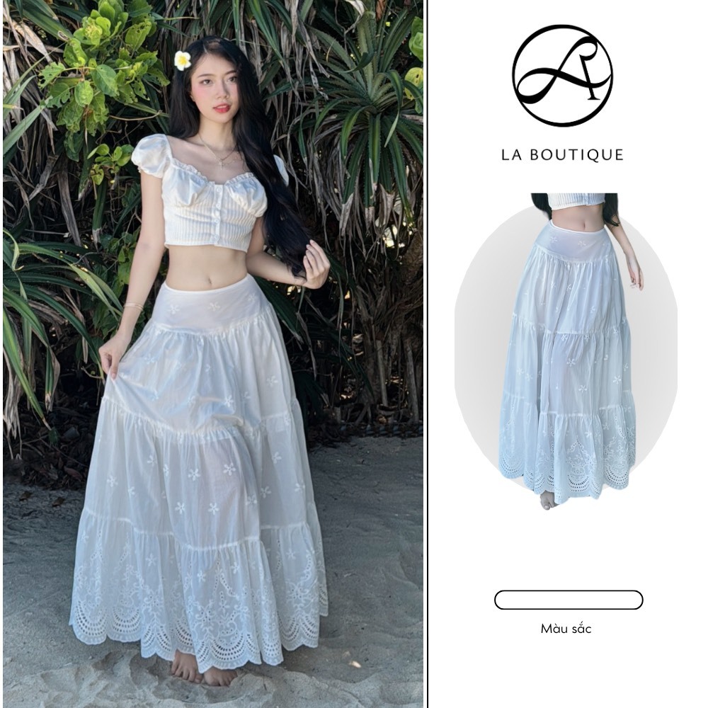 Chân váy maxi vải xô thêu hoa La Boutique hai lớp cao cấp