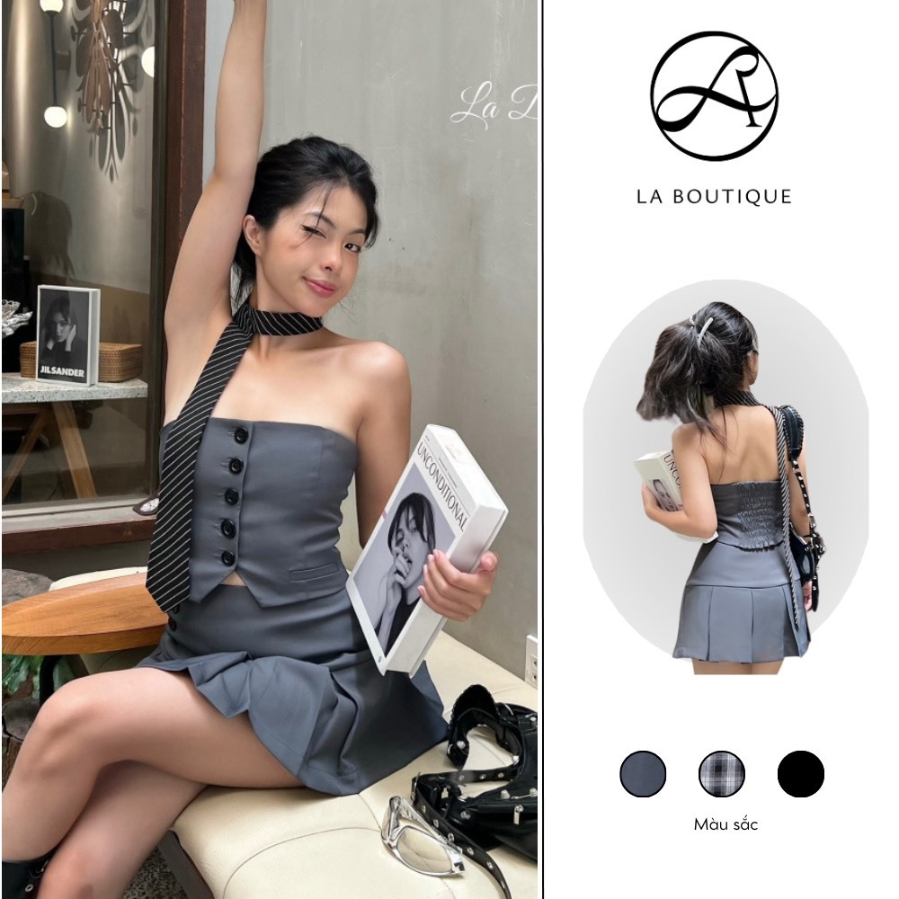 Set Áo Ống Tube Và Chân Váy Xếp Ly Bản To La Boutique Phối Nút Cá Tính-A052-V011