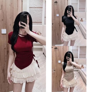 Áo thun nhũ vạt chéo đính hoa dây cổ có bigsize