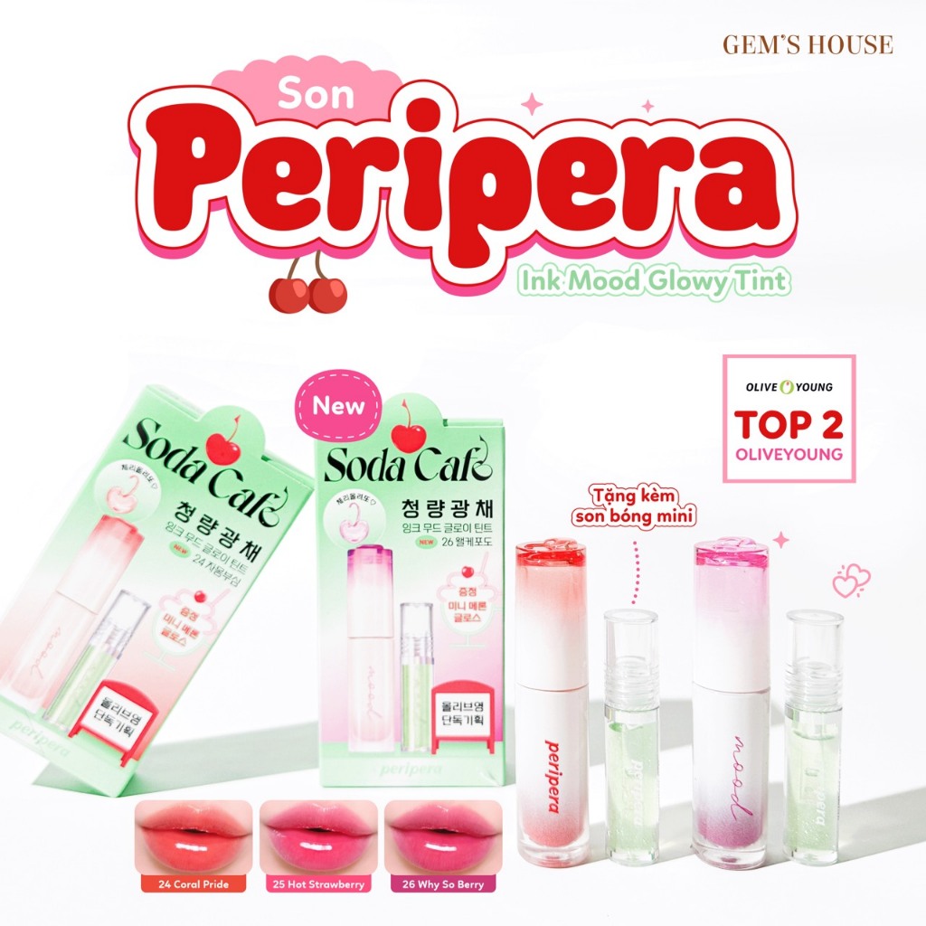 [24,25,26] Son Tint Bóng Peripera Ink Mood Glowy Tint tặng kèm son bóng ( set oliveyoung)