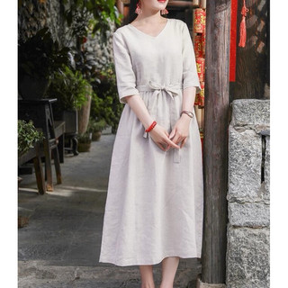 ĐẦM LINEN TAY LỬNG THẮT DÂY EO