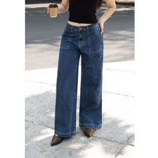 HASHTAGEM - Quần Ống Rộng Wide Leg Cargo Dark Jeans CJ.3 Túi Hộp, Lưng Cao, Form Rộng, Màu Xanh Đậm