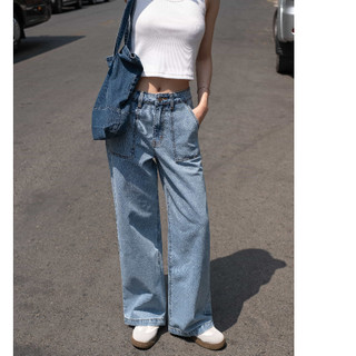 HASHTAGEM - Quần Ống Rộng Wide Leg Cargo Jeans CJ.1 Túi Hộp, Lưng Cao, Form Rộng, Màu Xanh Nhạt