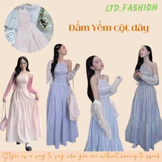 ĐẦM MAXI LINEN SỌC CỔ YẾM CỘT DÂY SAU CỔ, BO CHUN PHẦN NGỰC, NHÚN 3 TẦNG - LTD.FASHION - TK3681