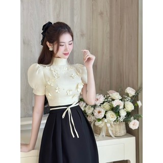 Váy Thiết Kế Kem Phối Đen Đính Hoa Thắt Dây Eo Thiết Kế Dễ Thương Sang Chảnh