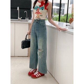 LYRA Quần jean ống suông rách gối trái cạp chữ N vải mềm CSYQD0150