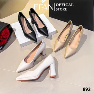 Giày cao gót mũi nhọn đế đúp gót vuông 8 phân 892 FFANSTORE, bít mũi da mềm mại big size màu đen be trắng đen da lộn